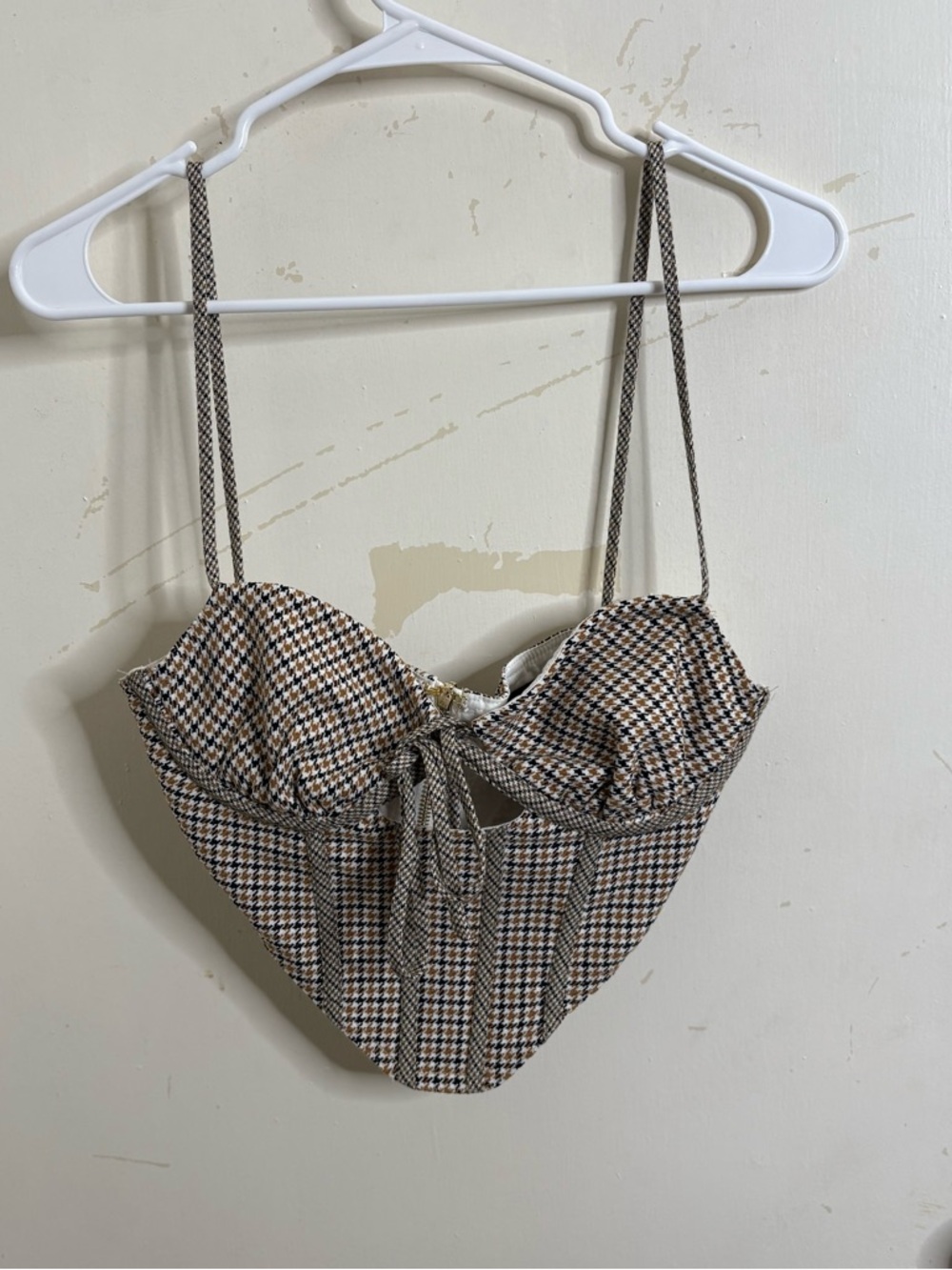 Jagger & Stone Structured Houndstooth Print Tie-Front Corset Tank Top